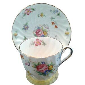 Tuscan Bouquet English Teacup and Saucer HPT Floral Gold Gilt